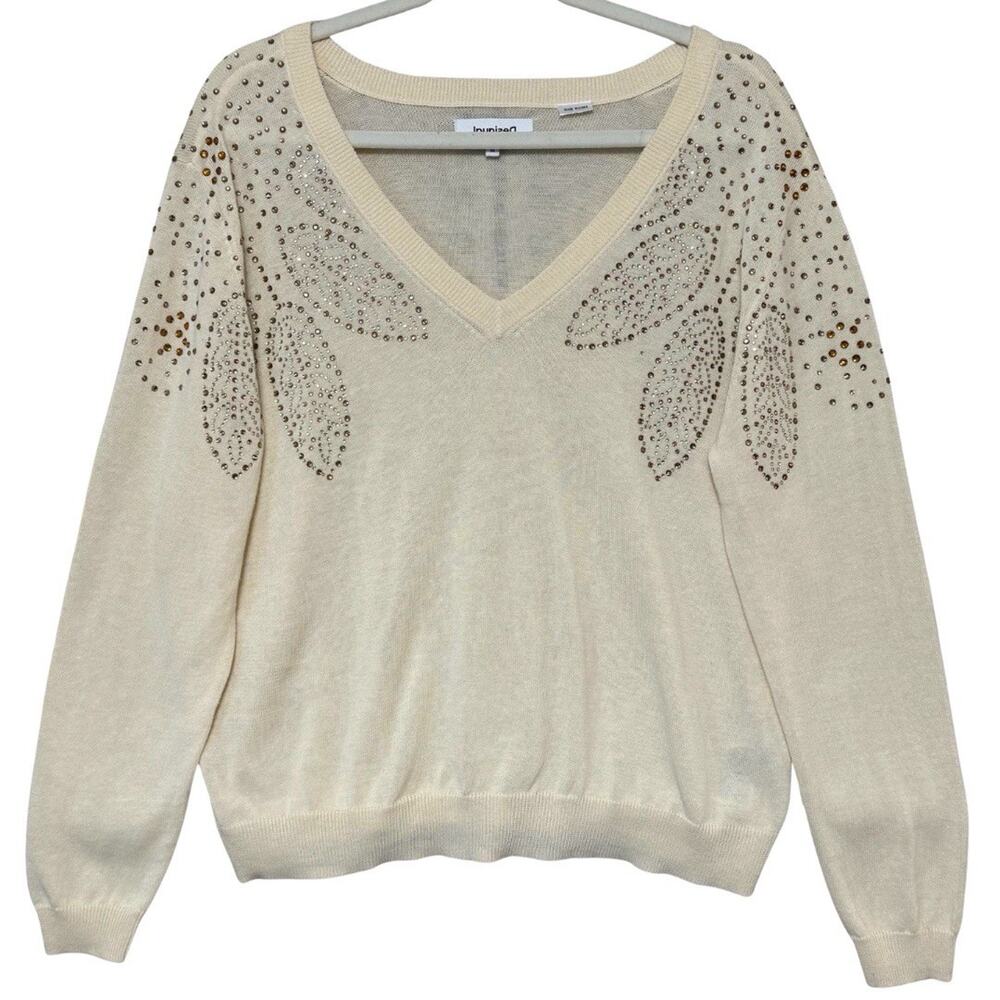 Desigual Jeweled V-neck Sweater Size M Ivory Rhinestone Leaf Design Pullover